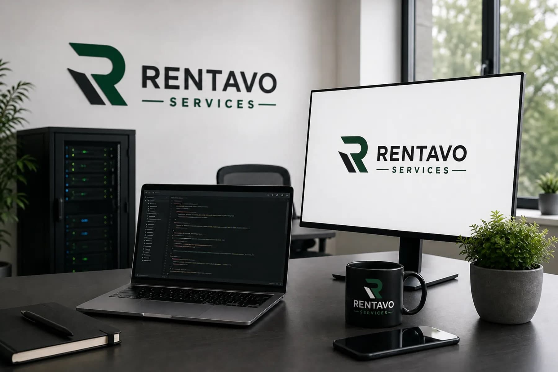 Arbeitsplatz bei Rentavo-Services: Bildschirm und Notebook auf einem Schreibtisch, dahinter ein Serverschrank und die Wortmarke an der Wand